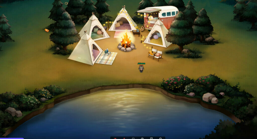 Eine online Plattform mit Avataren in Form eines Campingplatzes am See